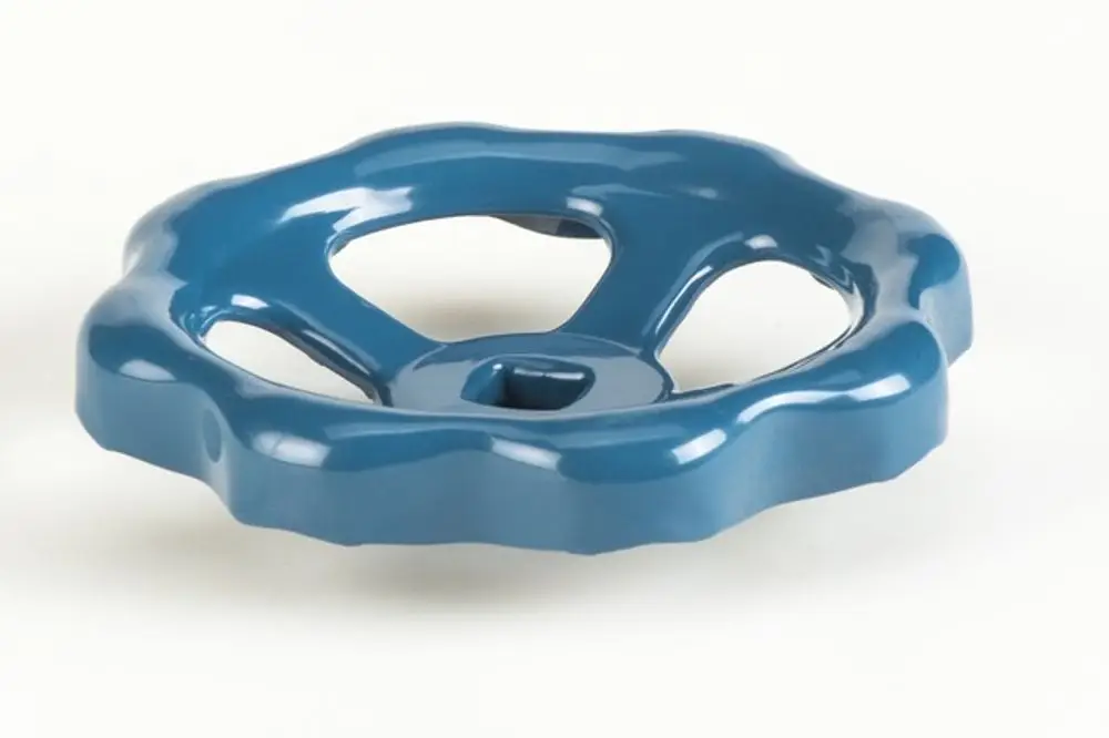 Blaues Handrad mit einem zentralen Loch und mehreren Verstrebungen, hergestellt von Resideo, auf hellem Hintergrund.