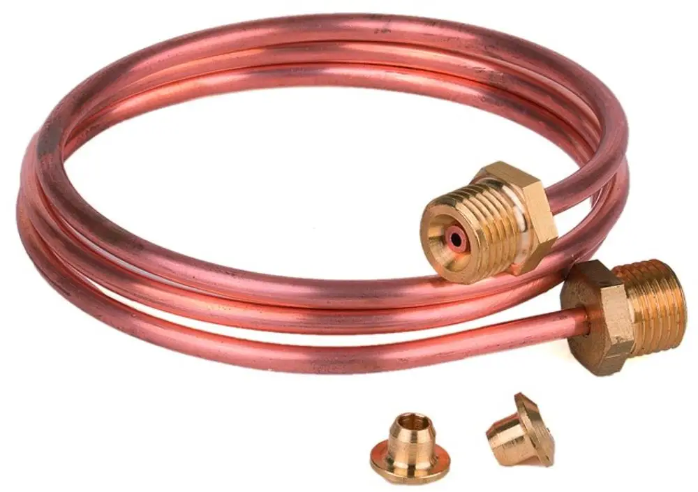 Kupferrohr mit Messinganschlüssen, geeignet für Resideo-Anwendungen. Enthält verschiedene Adapter zur Verbindung mit Geräten.