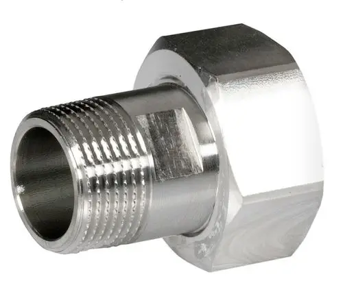 Edelstahlanschlussverschraubung von Resideo, mit geriffelter Oberfläche und einem drehbaren Ende für verschiedene Anwendungen, in physikalischem Design.