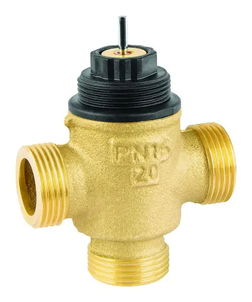 Dreiwegeventil von Resideo mit einem zentralen Steuermodul und drei Anschlussrohren, das zur Regelung von Durchflüssen in Heizungs- oder Wassersystemen dient.