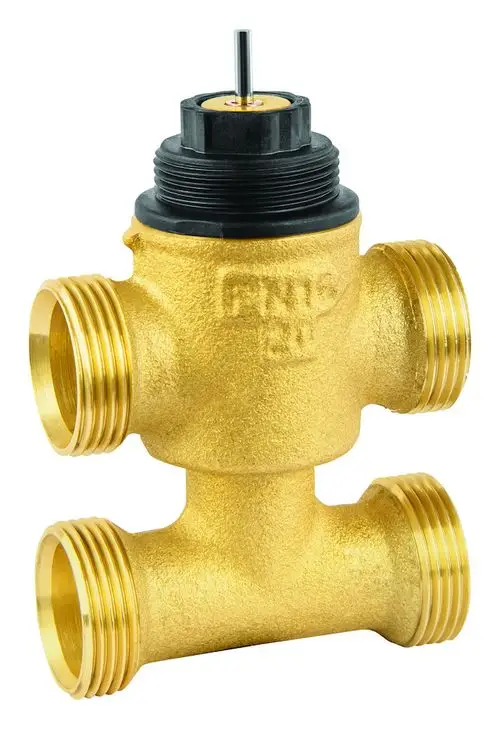 Dreiwegeventil in Messingoptik mit zwei Gewindeanschlüssen und einem zentralen Bedienknopf. Produkt von Resideo. Geeignet für verschiedene Anwendungen im Bereich der Heizungs- und Wasserinstallation.