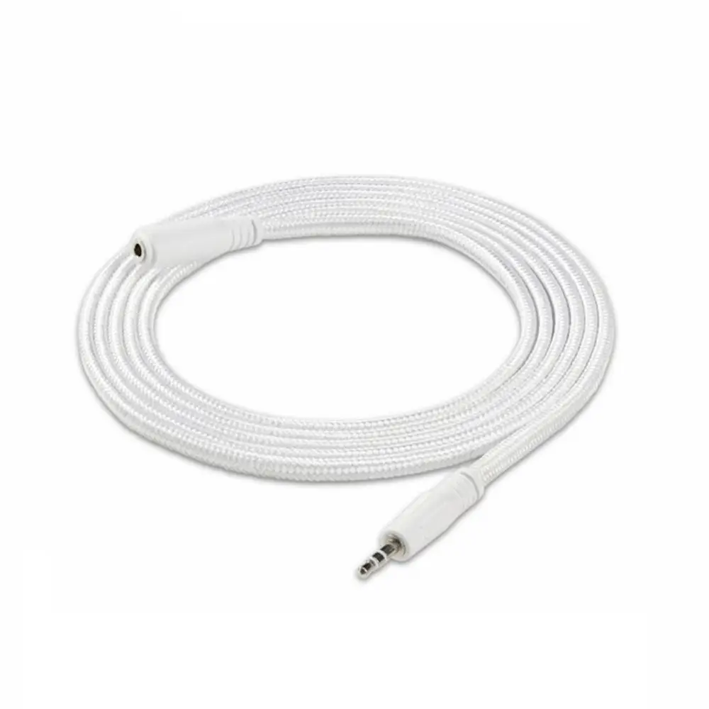 Weißes Kabel mit einem 3,5-mm-Klinkenstecker an einem Ende und einer Buchse am anderen Ende, um eine Verbindung herzustellen, möglicherweise von Resideo.