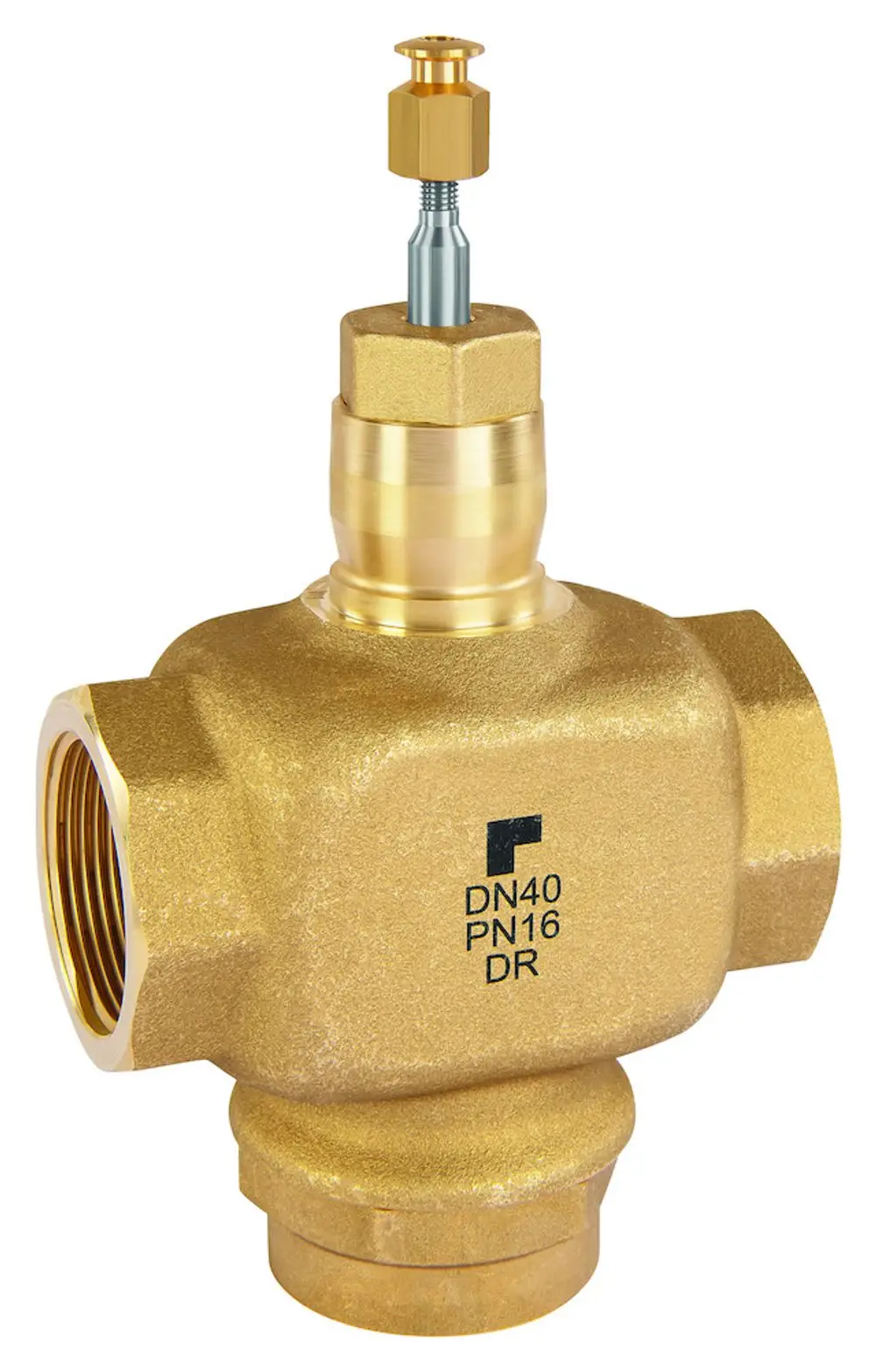 Messing-Dreiwegeventil mit Innengewinde, in Goldfarbe, ausgestattet mit einer Einstellschraube. Produkt von Resideo, geeignet für verschiedene Anwendungen in der Haustechnik.