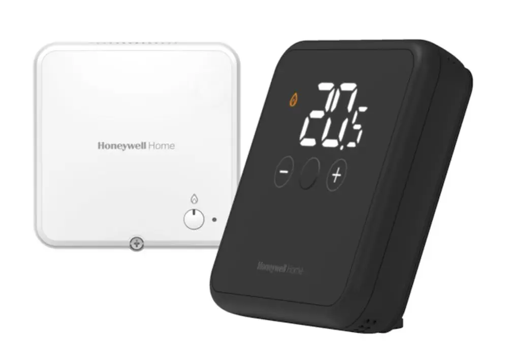 Raumthermostat in schwarzem Gehäuse mit digitaler Anzeige, plus/minus-Tasten und einem Sensor für die Temperaturregelung, hergestellt von Resideo.