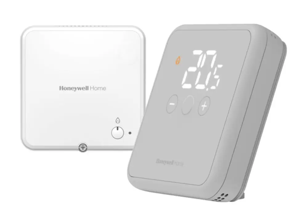 Drahtloses Raumthermostat von Resideo in Grau mit Display zur Anzeige der Temperatur und Steuerelementen zum Ein- und Ausschalten der Heizung.