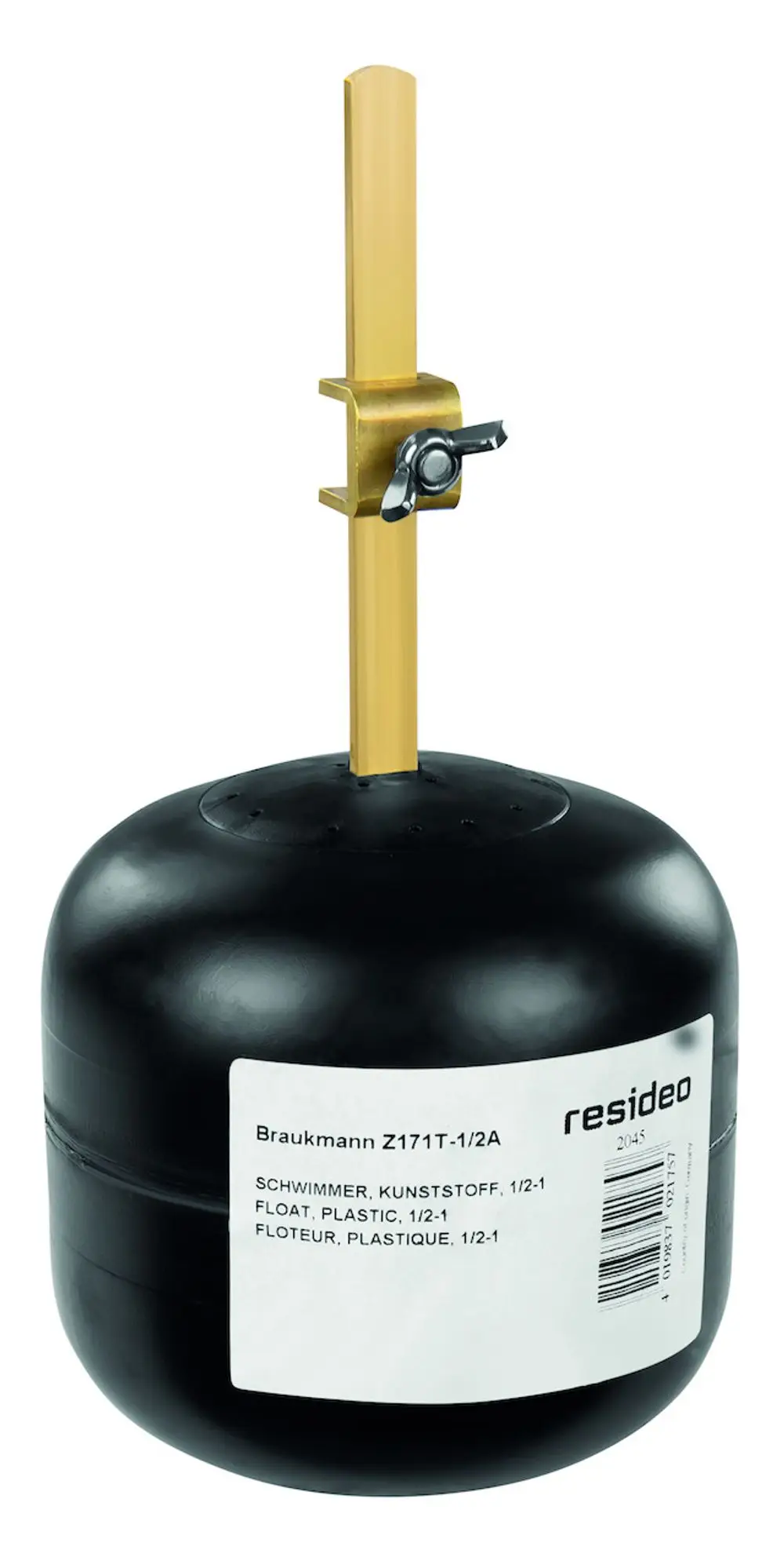 Kunststoff-Schwimmer mit goldenem Hebel und Befestigungsmechanismus. Auf der Unterseite befinden sich Löcher. Produkt von Resideo, geeignet für Schwimmerventile.