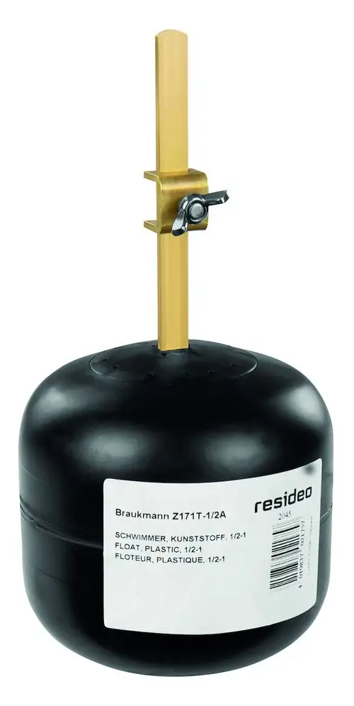 Kunststoff-Schwimmer mit goldenem Hebel und Befestigungsmechanismus. Auf der Unterseite befinden sich Löcher. Produkt von Resideo, geeignet für Schwimmerventile.