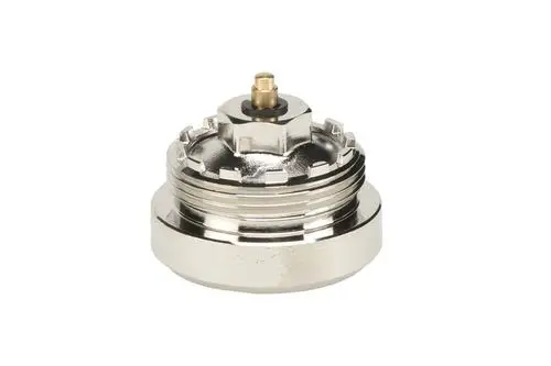 Adapter für Ventile, hergestellt von Resideo, mit metallischer Oberfläche und zentralem Anschluss. Geeignet zur Verbindung von Heizungs- oder Kühlsystemen.