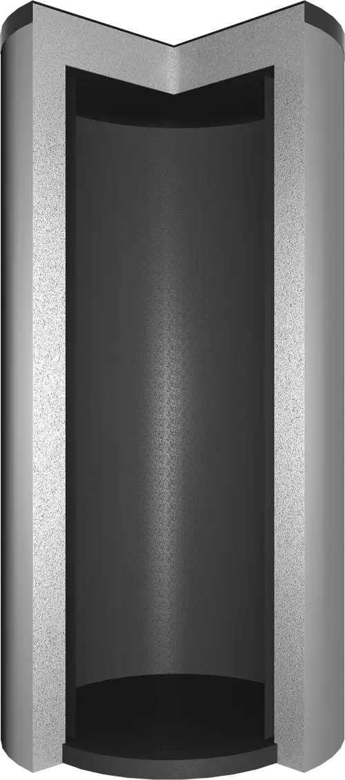 Grauer Pufferspeicher ohne Wärmetauscher, mit runder, glatter Innenfläche und strukturierten Seitenwänden.