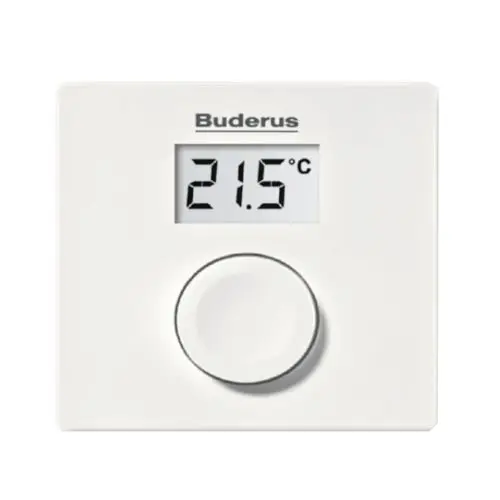 Weißer Wandthermostat von Buderus mit digitaler Anzeige der Temperatur. Einstellrad zur Regelung der Temperatur sichtbar. Temperatur aktuell bei 21,5 °C.