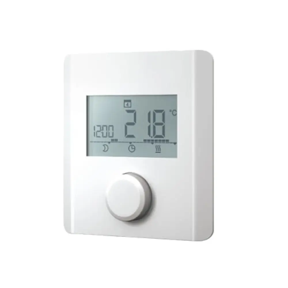 Elektronischer Raumthermostat mit digitalem Display und Einstellknopf, designet für die Steuerung von Heizungssystemen, bereit für Buderus Anwendungen.