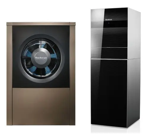 Zwei Buderus Waermepumpen: links eine Luft-Wasser-Wärmepumpe mit großem Ventilator in braunem Gehäuse, rechts ein eleganter schwarzer Waermepumpenschrank.