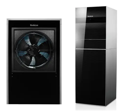 Zwei Buderus Waermepumpen: links eine schwarze Luft-Wasser-Wärmepumpe mit großem Ventilator und rechts ein elegantes, modernes Standgerät in Schwarz und Silber.