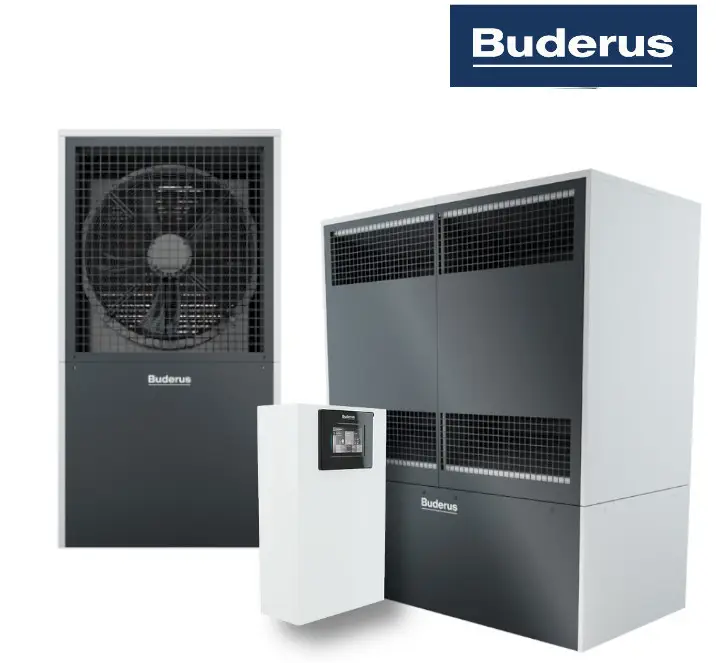 Wärmepumpe von Buderus mit zwei Einheiten: ein Außengerät mit Ventilator und zwei innere Module in dunklem und hellem Design, ausgestattet mit Steuerungselement.