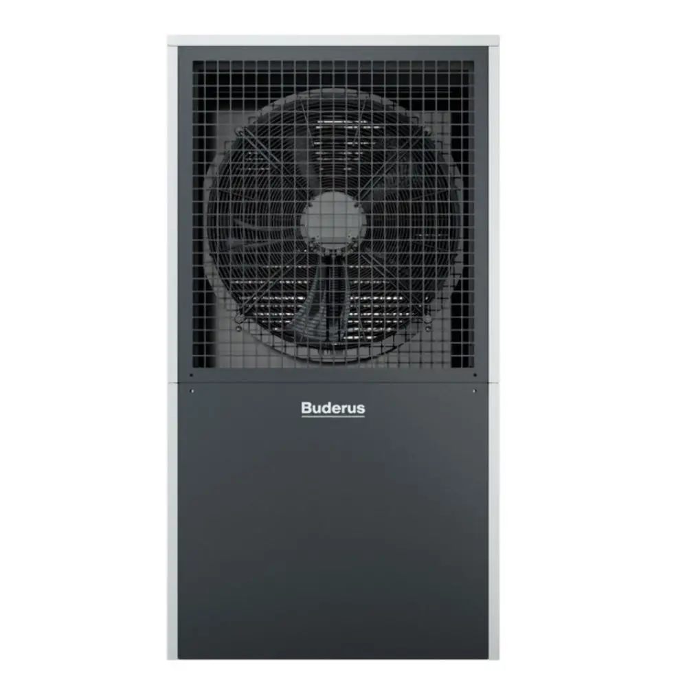 Wärmepumpe von Buderus mit einem großen Lüfter im oberen Bereich, umgeben von einem schützenden Gitter. Das Gerät hat ein schlichtes, modernes Design.