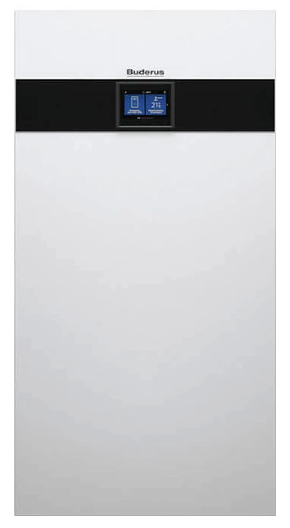 Weißer Buderus-Warmwasserspeicher mit digitalem Display in der oberen Mitte zur Temperatureinstellung und Anzeige. Vertikale Anordnung, schlichtes Design.