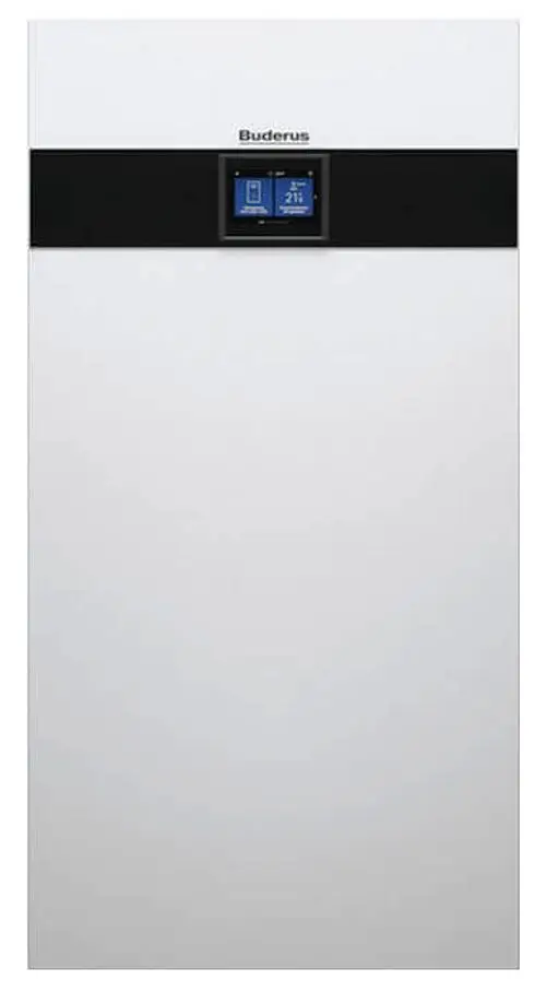 Weißer Buderus-Warmwasserspeicher mit digitalem Display in der oberen Mitte zur Temperatureinstellung und Anzeige. Vertikale Anordnung, schlichtes Design.
