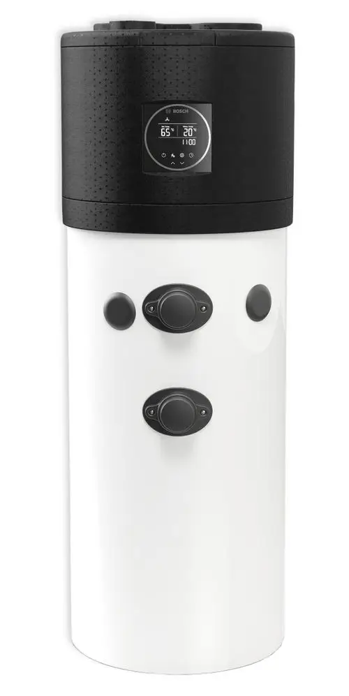 Ein weißer Wassertank mit schwarzem Deckel und digitalem Display, ausgestattet mit Bedienelementen zur Temperatureinstellung und Heizungssteuerung.