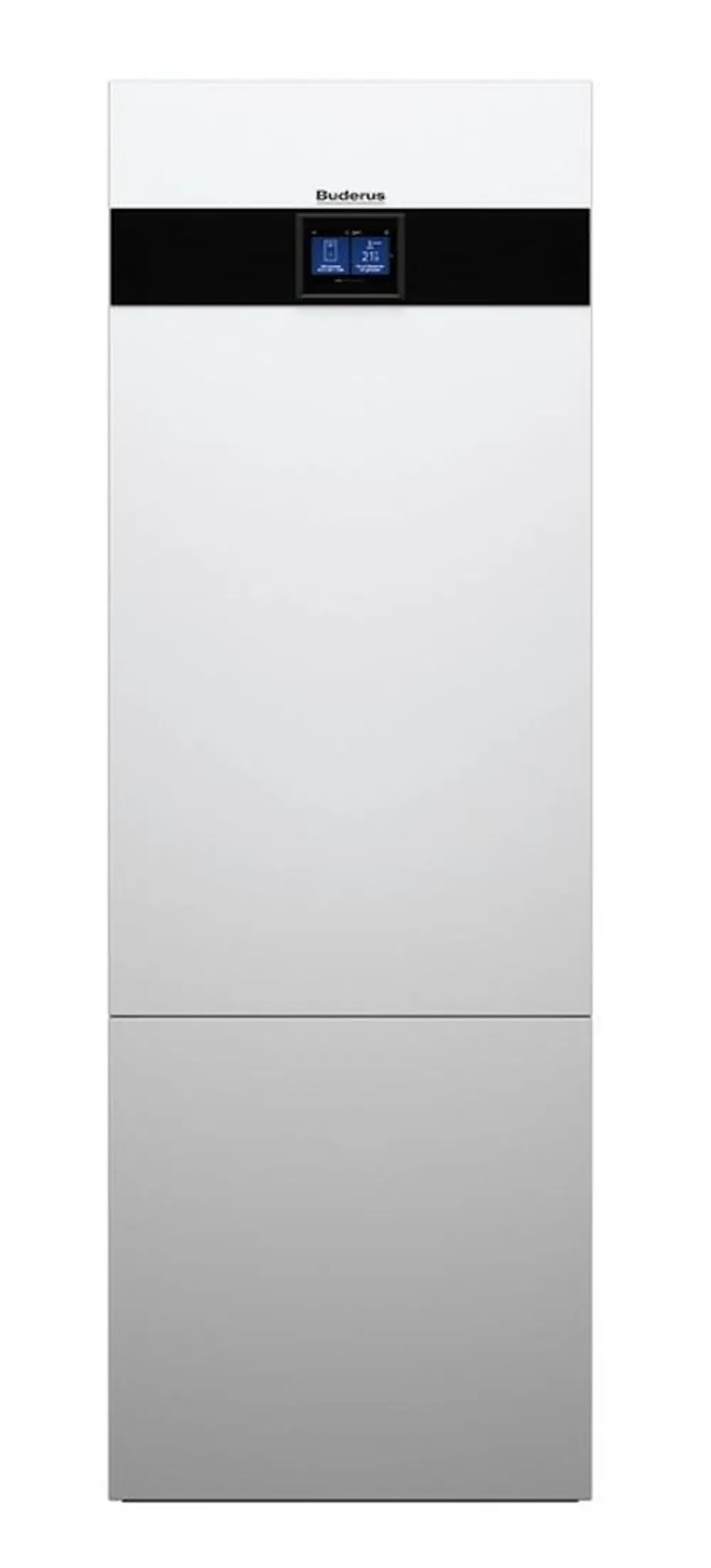 Weißer Buderus-Warmwasserspeicher mit integriertem Display, vertikal montiert, geeignet für Heizsysteme, klare Anzeige der Temperaturwerte.