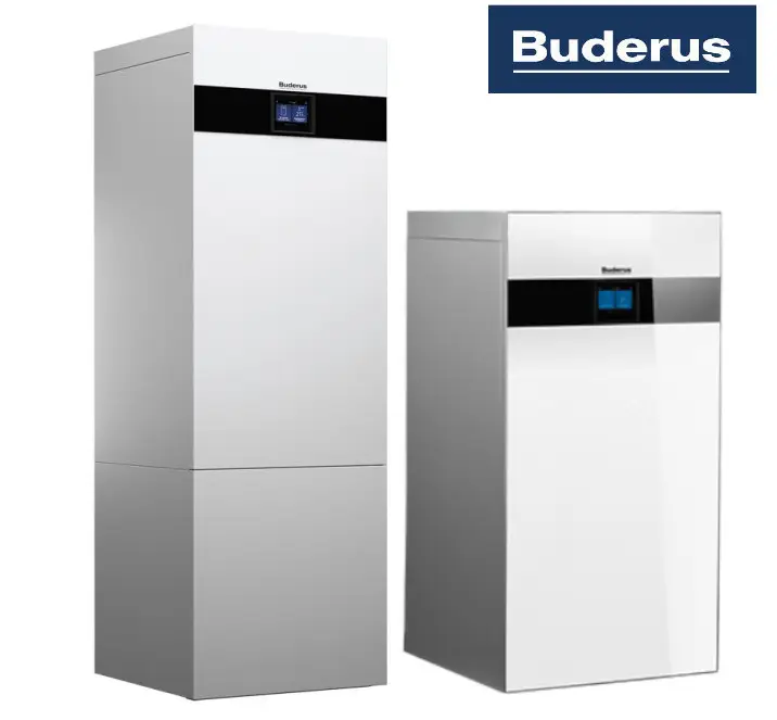 Zwei Buderus-Heizgeräte in weißer Ausführung, eines höher und das andere kompakter, mit digitalem Display zur Temperaturregelung.
