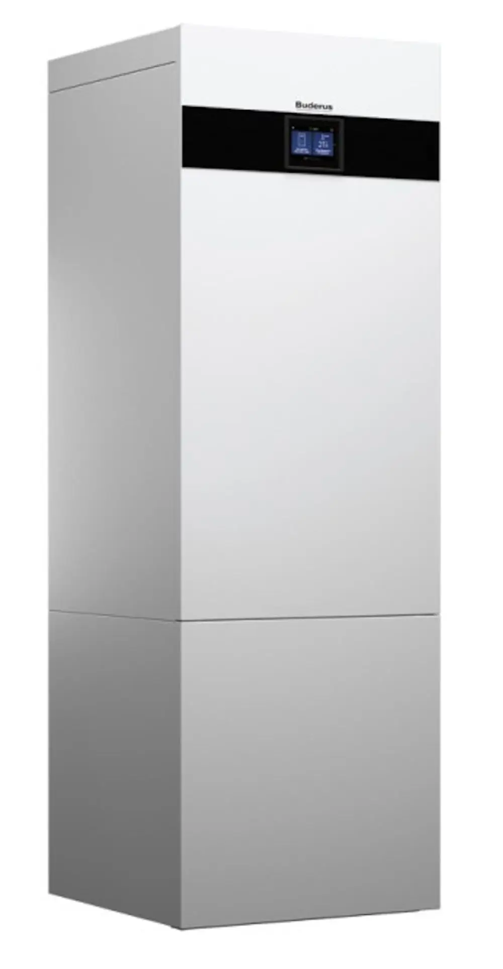 Buderus Heizgerät in Weiß, ausgestattet mit einem integrierten Warmwasserspeicher, digitalem Display und schlichtem, rechteckigem Design.