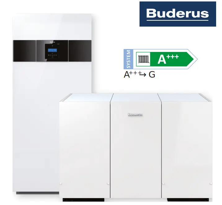 Buderus Heizsystem, bestehend aus einem vertikalen weißen Gerät mit Bedienelementen und zwei kompakten Einheiten, geeignet für Sole-Wasser-Wärmepumpen.