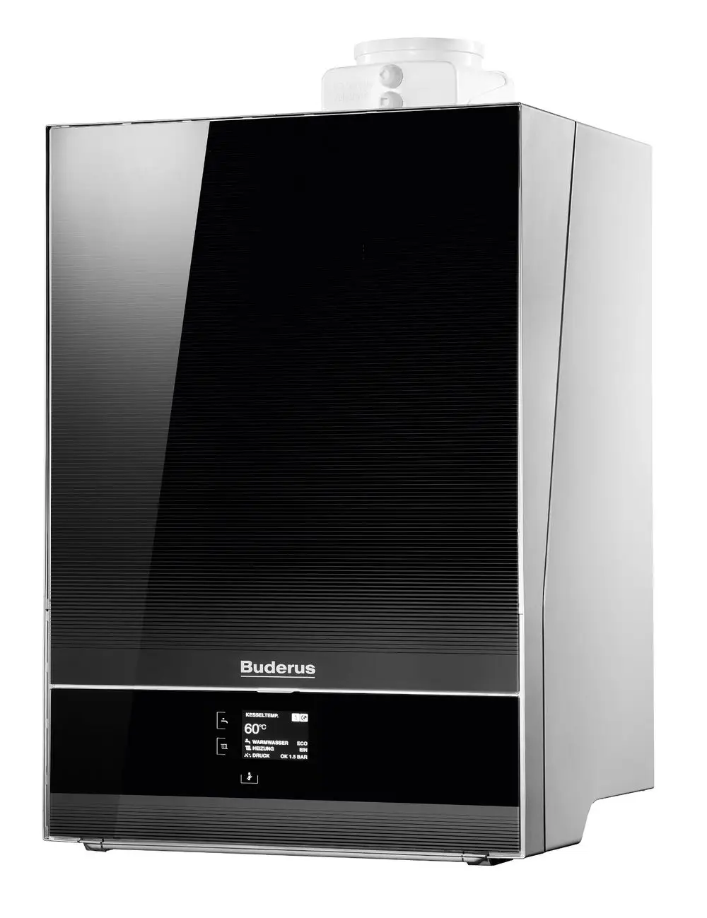 Schwarzes Buderus Gas-Brennwertgerät mit digitalem Display und Bedienelementen, montiert an einer Wand, ohne Warmwasserbereitung.