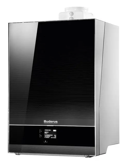 Moderne Buderus Gasheizung in edlem Design mit digitalem Display zur Temperatur- und Druckanzeige. Ideal für effizientes Heizen.