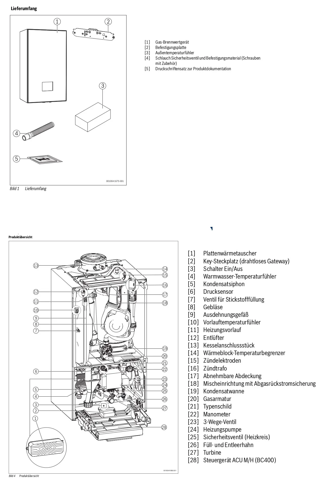 Gas-Brennwertgerät von Buderus, dargestellt in einer schematischen Darstellung mit Einzelteilen und Bezeichnungen für Installationskomponenten und interne Elemente.