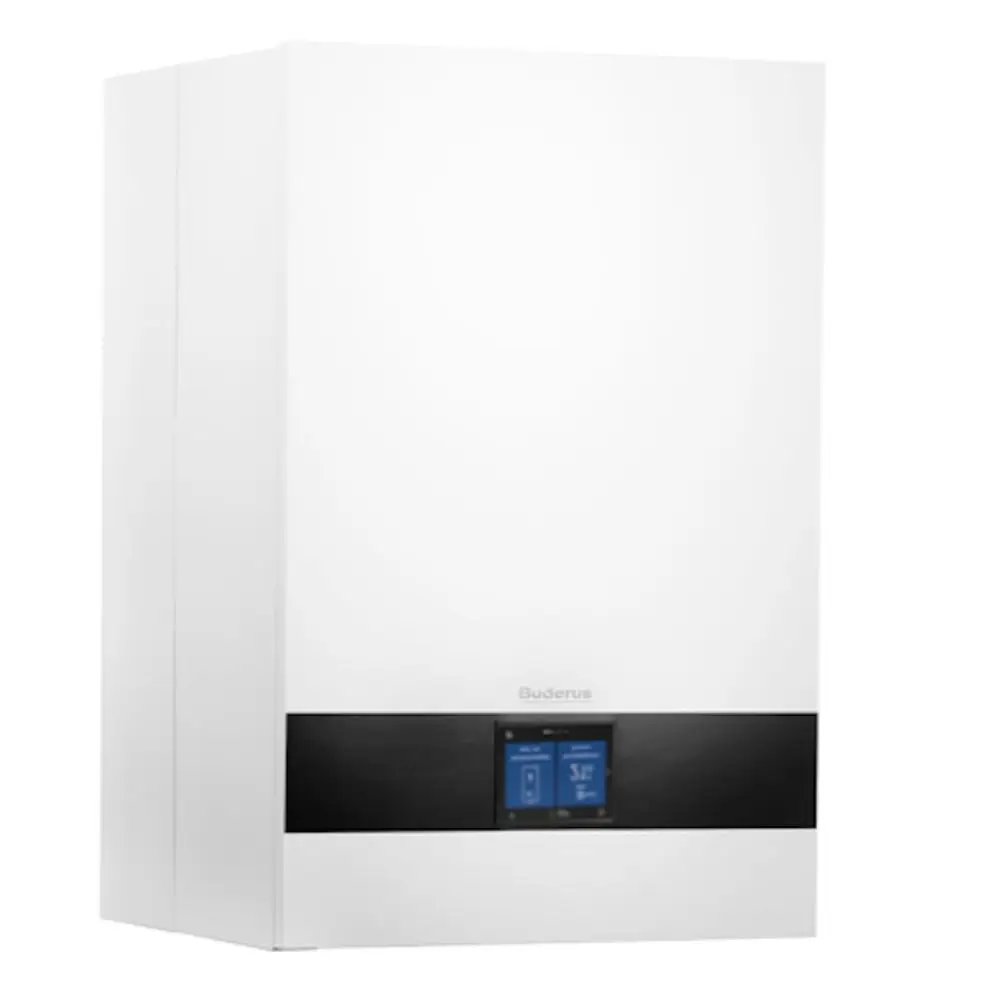Weißes Gas-Brennwertgerät von Buderus mit digitalem Display und integriertem Warmwasserspeicher, geeignet für Erdgasanschluss.