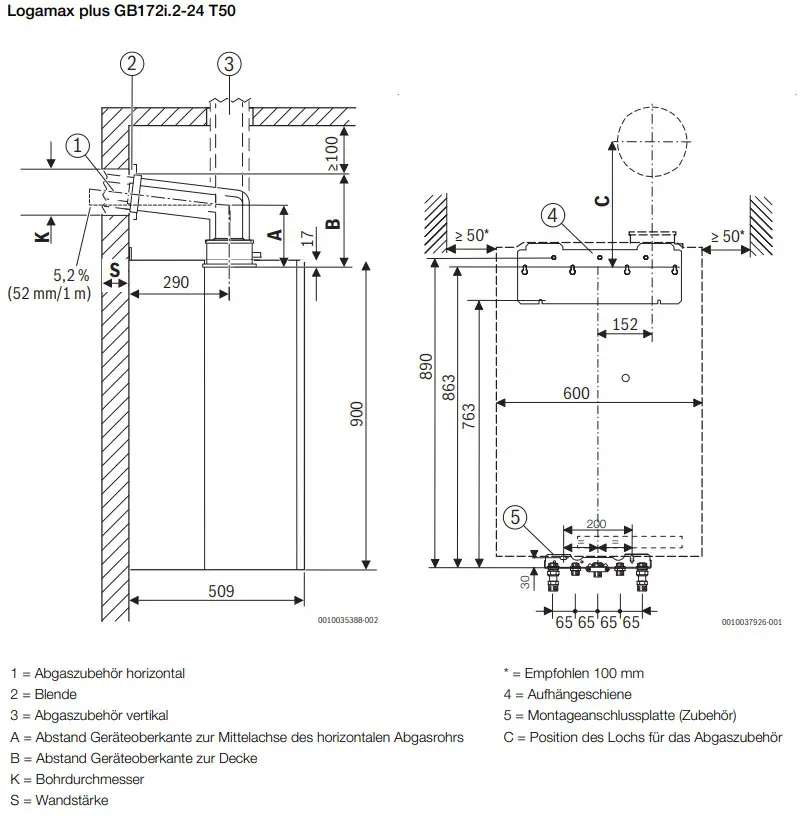 Buderus Gasheizgerät mit integriertem Warmwasserspeicher, technische Zeichnung zeigt Abmessungen und Montageanleitungen für das Gerät.