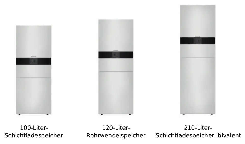 Drei Buderus-Warmwasserspeicher in verschiedenen Größen, jeweils mit einem weißen Gehäuse und schwarzen Bedienelementen an der Front.