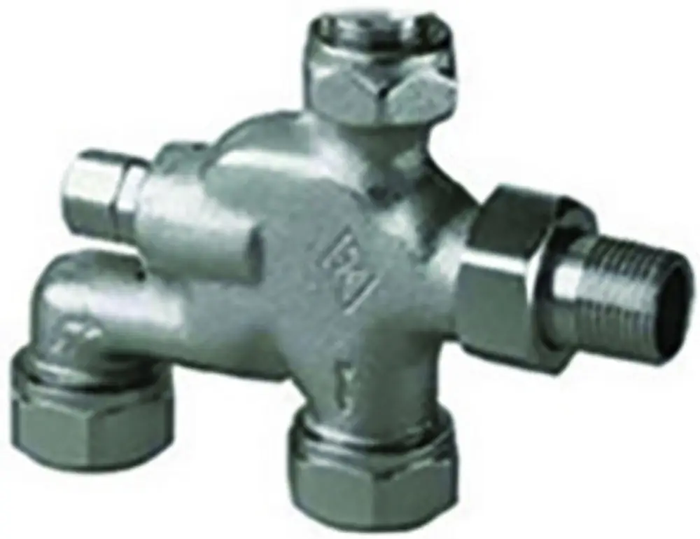 Verteiler mit vernickelten Metallanschlüssen und Klemmverschraubungen, hergestellt von Heimeier, zur Verwendung in Heizungs- oder Verteilungssystemen.