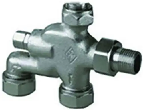 Verteiler mit vernickelten Metallanschlüssen und Klemmverschraubungen, hergestellt von Heimeier, zur Verwendung in Heizungs- oder Verteilungssystemen.