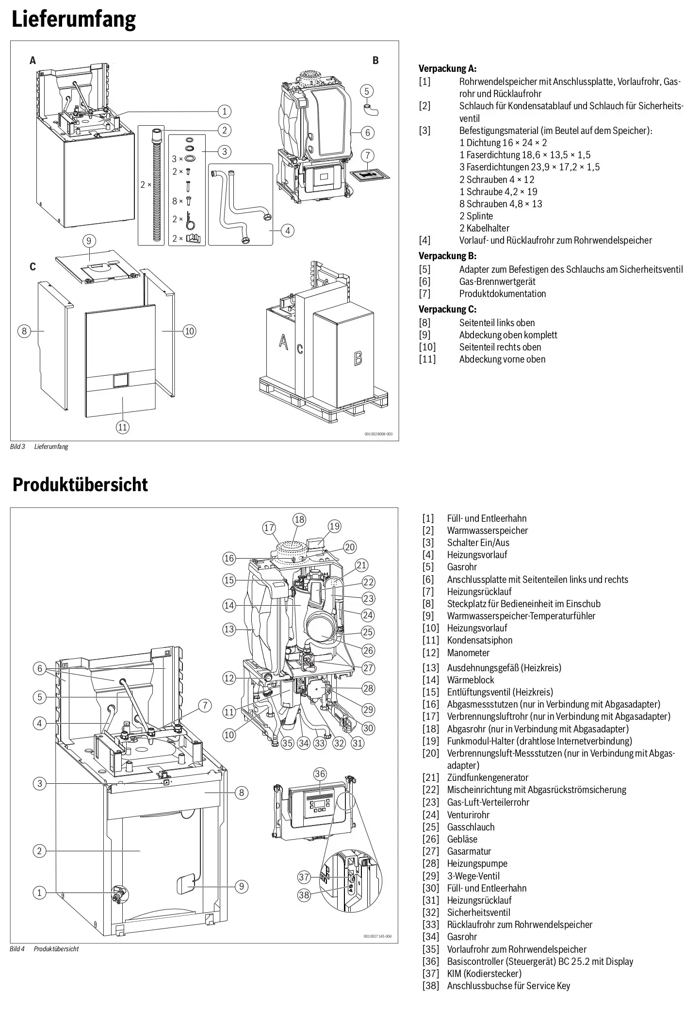 Buderus Gas-Brennwert-Kompaktheizzentrale mit Rohrwendelspeicher, montiert auf einer Palette, sichtbare Anschlussplatinen und diverse Zubehörteile zur Installation.