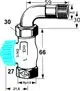 Heimeier Ventilunterteil mit Bogenverschraubung, geeignet für Einrohrheizungen. Darstellung der Dimensionen und Anschlussdetails.