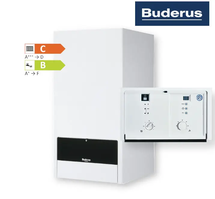 Buderus Gas-Heizwertgerät in weißer Ausführung mit Bedienelementen an der Vorderseite. Energieeffizienzklasse C und B für Heizung und Wasserbereitung.