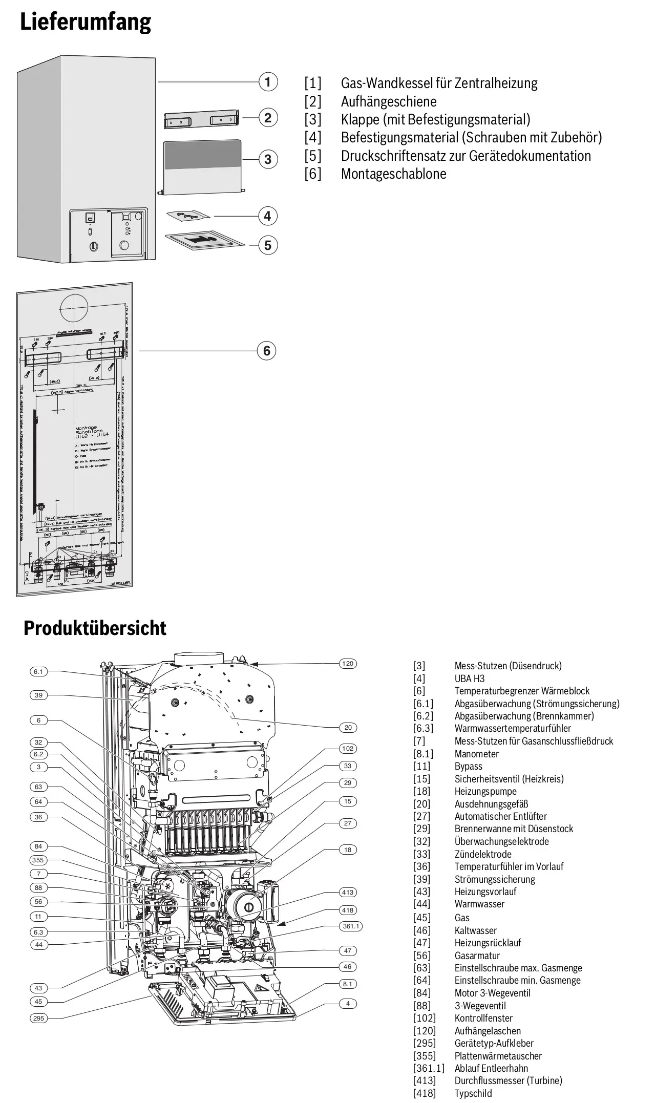 Gas-Wandkessel von Buderus für Zentralheizung mit Montagezubehör und Produktübersicht. Diagramme und Bauteile zur Installation und Wartung sind dargestellt.