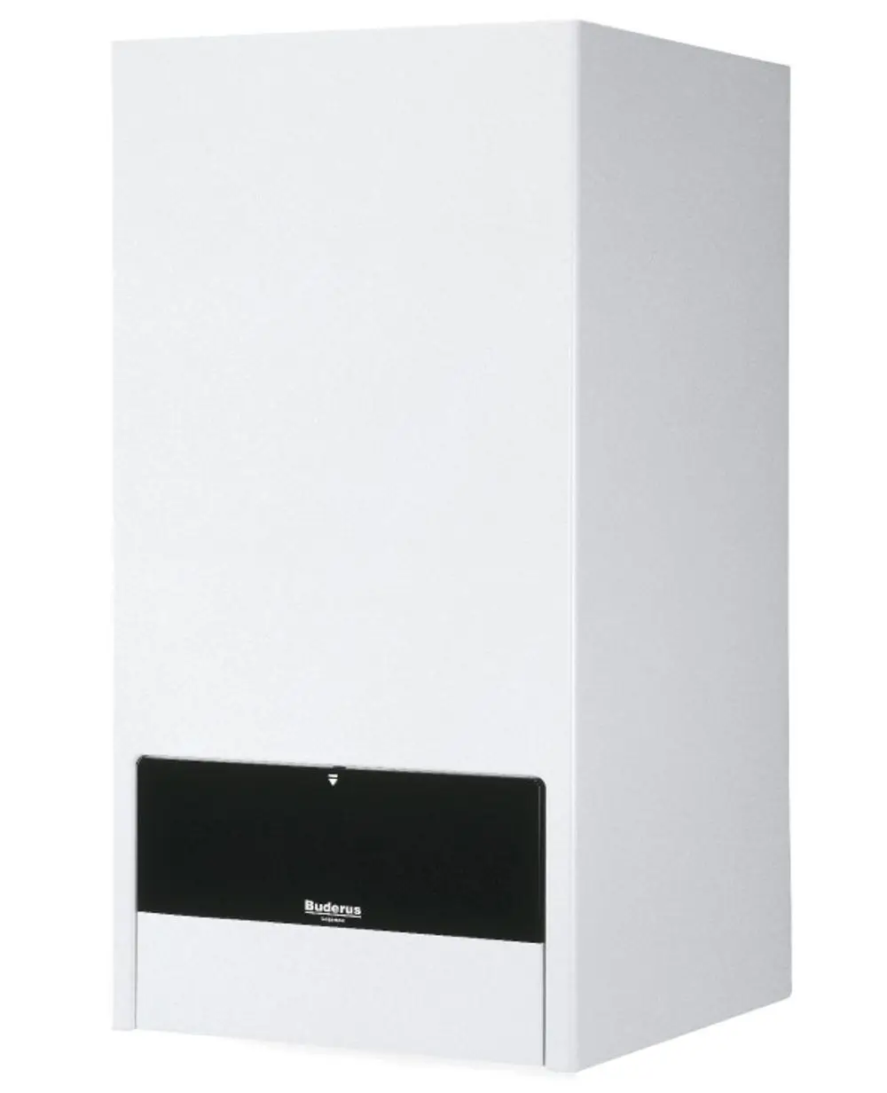 Weißes Buderus Heizgerät mit rechteckiger Form und schwarzer unterer Blende zur Warmwasserbereitung, montiert an einer Wand.