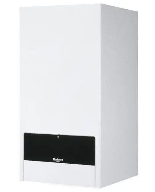 Weißer Buderus Gas-Heizkessel mit schwarzem Bedienfeld und schmalem Design, geeignet für den Einsatz in modernen Heizsystemen.