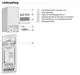 Buderus Gas-Wandkessel mit Zubehörteilen, einschließlich Aufhängeschienen, Klappe, Befestigungsmaterial und Montageschablone, dargestellt in technischer Zeichnung.