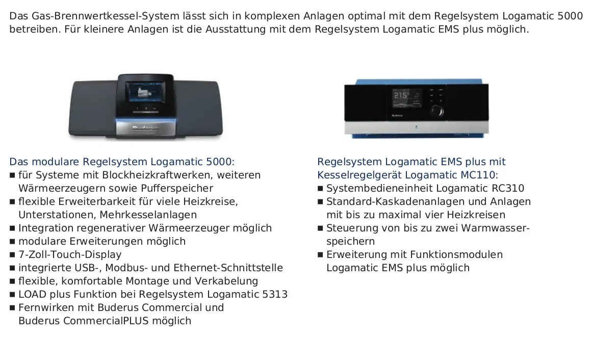 Buderus Regelungssystem mit Logamatic-Steuerung, display mit Temperaturanzeige und Tasten für die Anpassung, ausgestattet für Heizkreise und Warmwasserspeicher.