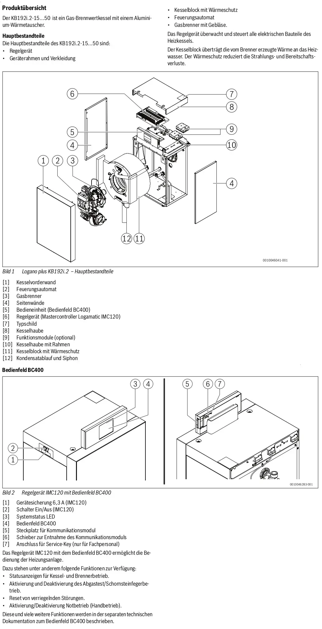 Buderus Gas-Brennwertkessel mit Aluminium-Wärmetauscher, Gasbrenner, Feuerschaltautomat und Bedieneinheit BC400, dargestellt mit Hauptbestandteilen und Anschlussmöglichkeiten.