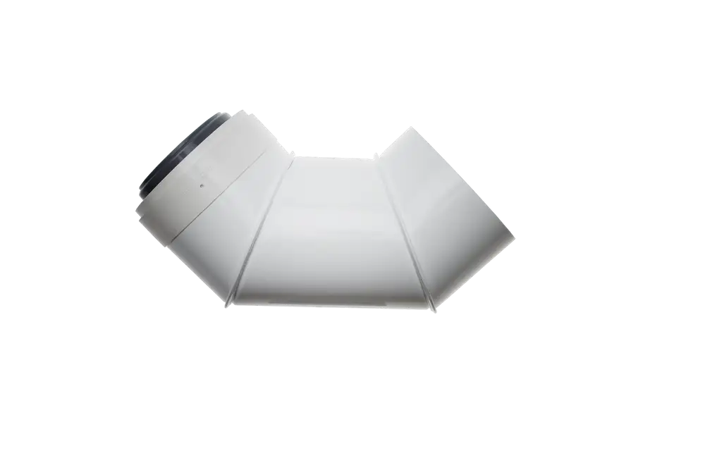 Weißer PVC-Bogen mit einem Winkel von 87 Grad, konisch zulaufend. Produkt von Brötje, geeignet für Rohrverbindungen in verschiedenen Installationen.