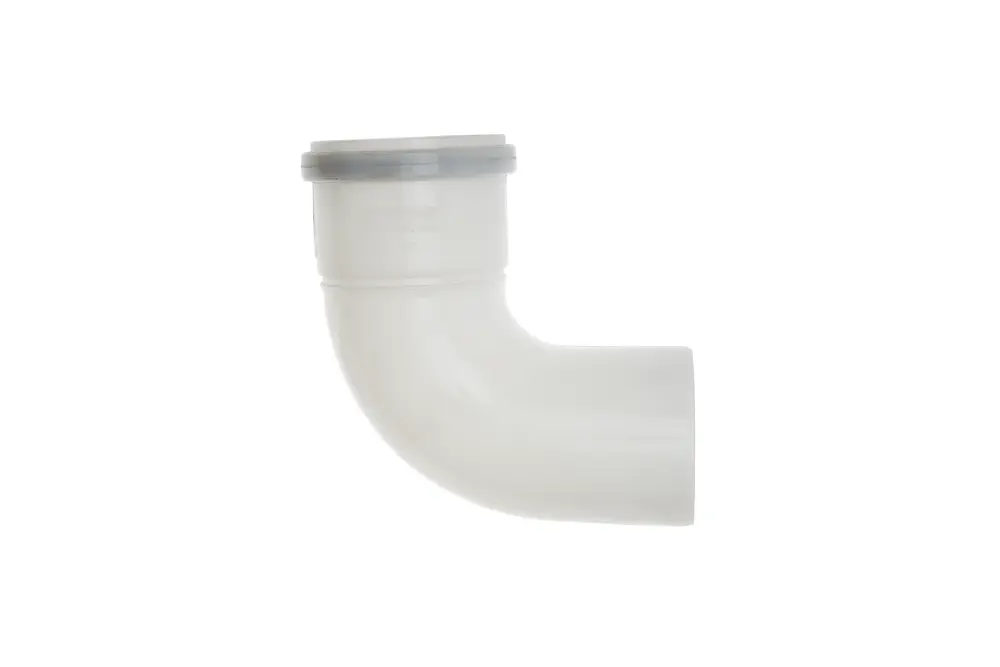 Weißer PVC-Rohrbogen mit 87-Grad-Winkel, geeignet für Abwassersysteme. Produkt von Brötje.