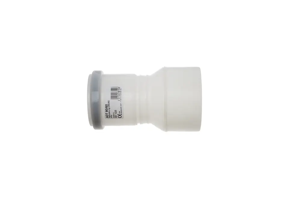 Adapter von Brötje in weiß, mit konischer Form, zur Reduzierung von DN 80 auf DN 60. Sichtbare Produktinformation und CE-Kennzeichnung auf der Oberfläche.