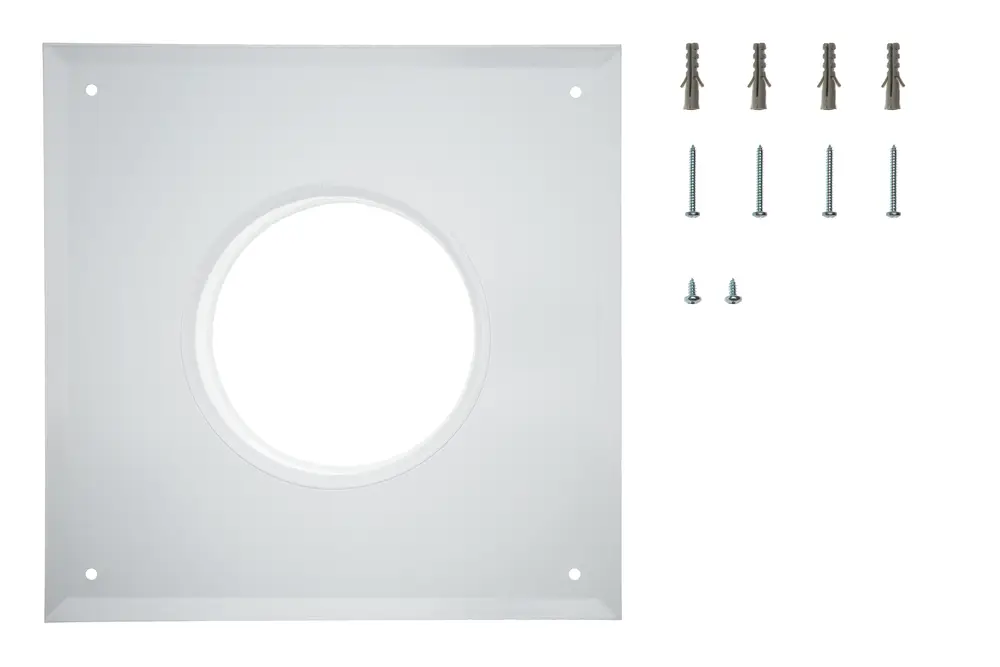 Weißes Montageelement von Brötje mit einer kreisförmigen Öffnung in der Mitte und mehreren Schrauben sowie Dübel für die Installation.