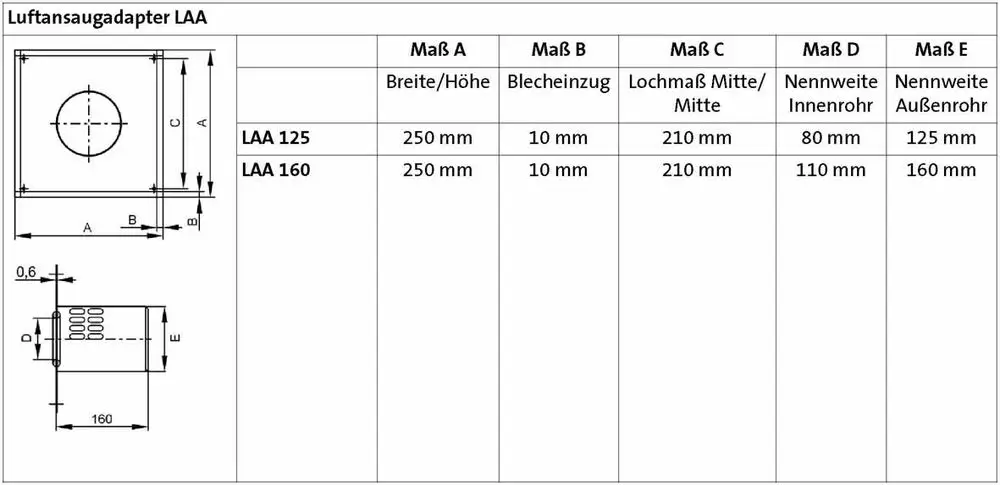 Luftansaugadapter von Brötje mit technischer Zeichnung, Maße und Informationen zu Anschlussdurchmessern in einer Tabelle dargestellt.