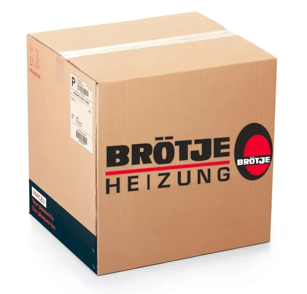 Ein Karton mit der Aufschrift "BRÖTJE HEIZUNG", ein rotes Logo, ein Versandetikett, ein Hinweis auf zerbrechliche Ware und der Text "PARCELI, Your pleasure is Our pleasure too".