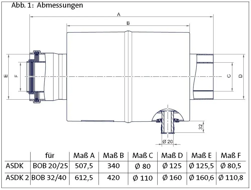 Brötje Abgasschalldämpfer mit konzentrischen Durchmessern, technische Zeichnung mit Maßangaben und spezifischen Größen. Detailansicht der Konstruktion und Abmessungen.